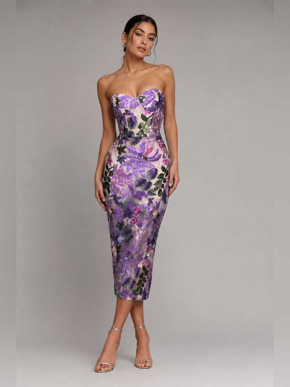 Bella Barnett Floral Sequin Strapless Maxi Dress Purple Embroidered Mesh M
